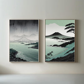 Mount Fuji Wall Art Set of 2 Japanese Coastal Landscape Prints, Zen Nature Decor, Printable Minimalist Artwork