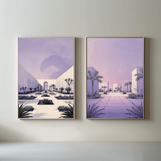 Set de 2 cuadros de pared modernos para patio desértico | Láminas arquitectónicas minimalistas | Decoración de paisajes en lavanda pastel | Obras de arte contemporáneas de oasis en el desierto | Descarga digital