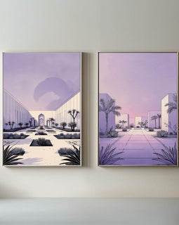 Modern Desert Courtyard Wall Art Set of 2 | Minimalist Architectural Prints | Pastel Lavender Landscape Decor | Contemporary Desert Oasis Artwork | Digital Download