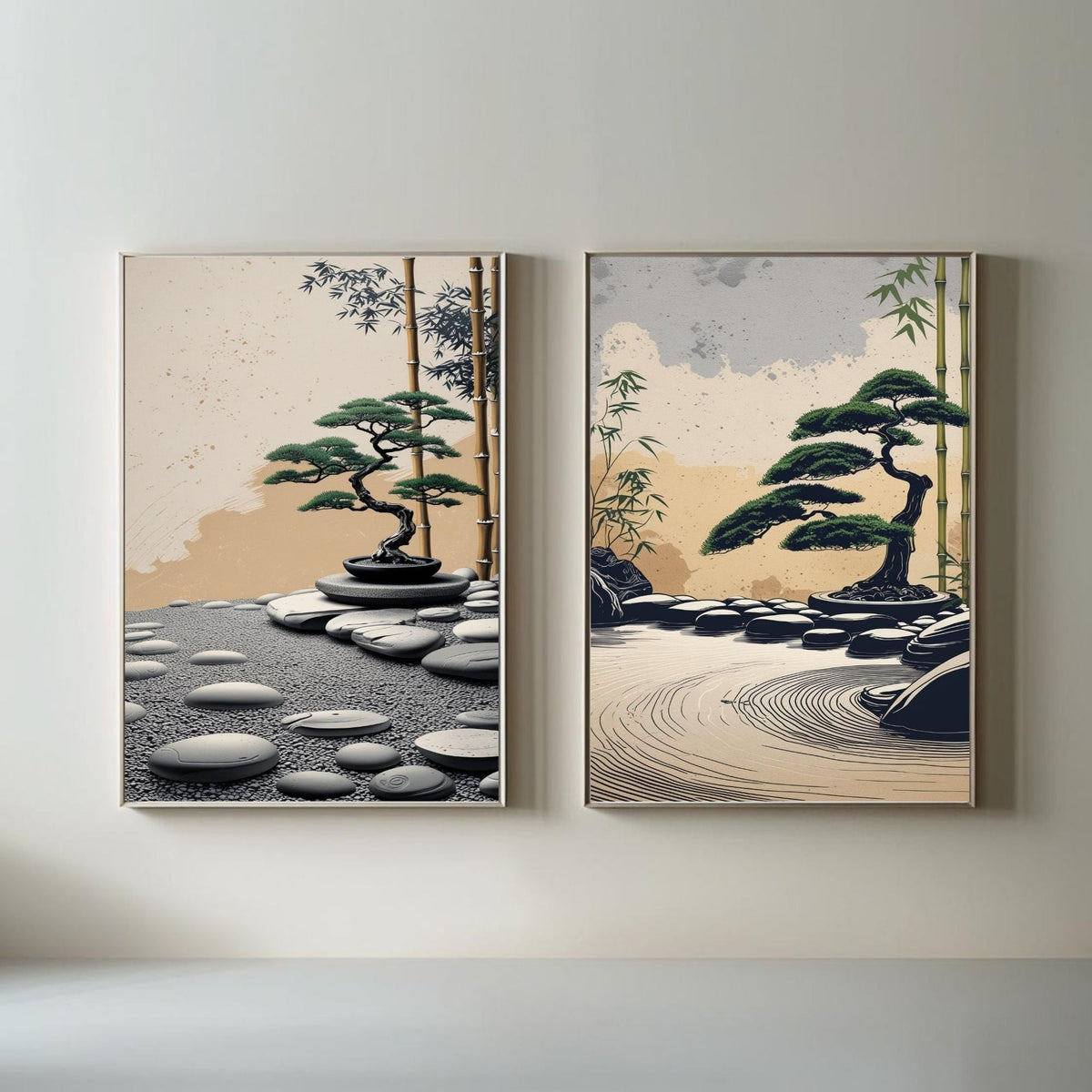 Juego de 2 láminas de arte de pared de jardín zen, impresiones de bonsái japonés, decoración de pared minimalista, descarga digital