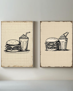 Burger & Milkshake Wall Art Set of 2 | Retro Fast Food Kitchen Prints | Vintage Restaurant Decor | Minimalist Food Poster Set | Printable Dining Room Artwork