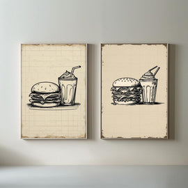 Burger & Milkshake Wall Art Set of 2 | Retro Fast Food Kitchen Prints | Vintage Restaurant Decor | Minimalist Food Poster Set | Printable Dining Room Artwork