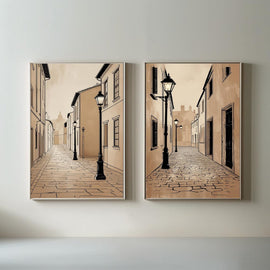 European Street Wall Art Set of 2 Printable, Old Town City Prints, Vintage Architecture Decor, Digital Download