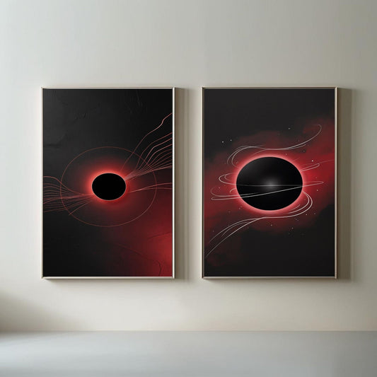 Set de 2 cuadros de pared de agujeros negros | Láminas de eclipses cósmicos | Obras de arte espaciales abstractas | Decoración celestial roja y negra | Arte de pared de astronomía moderna | Descarga digital