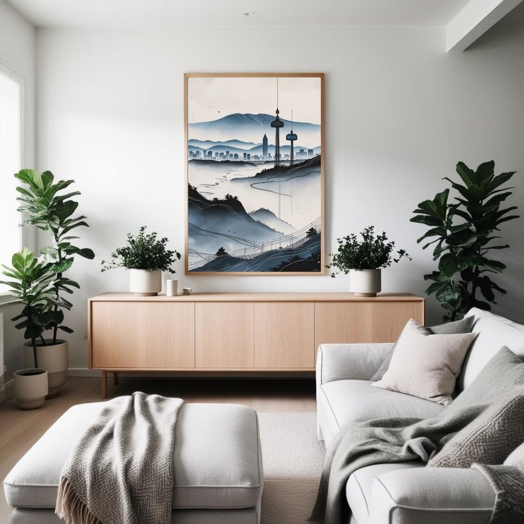 Arte de pared imprimible de paisaje urbano moderno, póster minimalista del horizonte, decoración urbana contemporánea de montaña, impresión de descarga digital