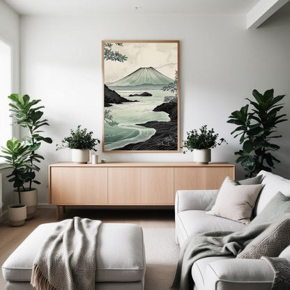 Arte de pared imprimible de paisajes volcánicos, lámina japonesa de naturaleza costera, decoración minimalista zen para el hogar, descarga digital