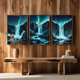 Aurora Waterfall Wall Art Set of 3 | Northern Lights Waterfall Prints | Nordic Nature Landscape Decor | Digital Download