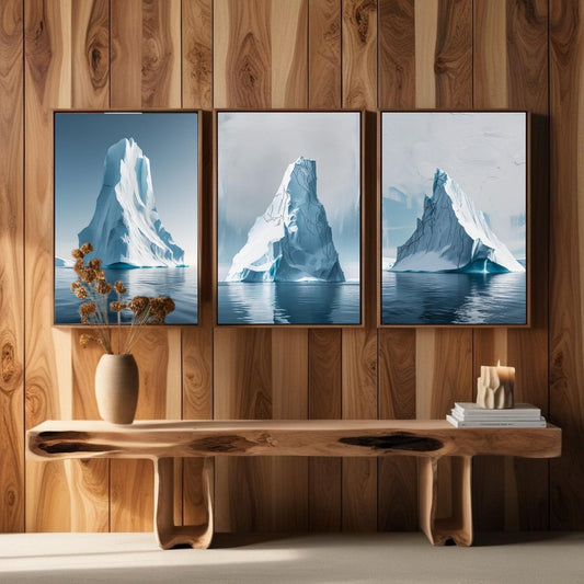 Set de 3 impresiones artísticas de pared con iceberg, láminas de paisajes del océano Ártico, decoración de pared minimalista costera, descarga digital