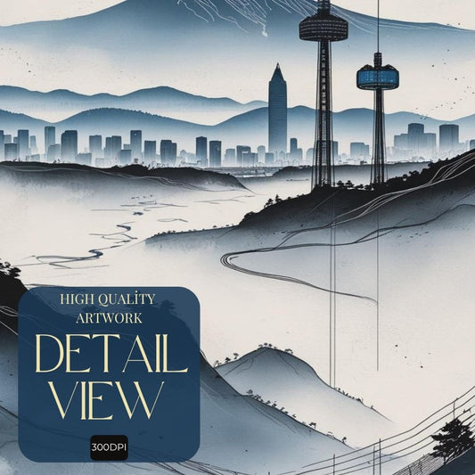 Arte de pared imprimible de paisaje urbano moderno, póster minimalista del horizonte, decoración urbana contemporánea de montaña, impresión de descarga digital