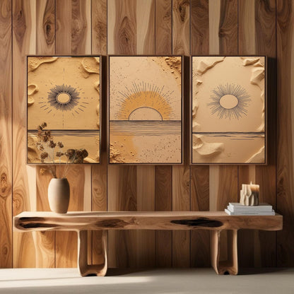 Boho Sun Wall Art Set of 3 | Minimalist Desert Sunrise Prints | Neutral Beige Abstract Decor | Digital Download