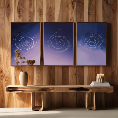 Celestial Spiral Wall Art Set of 3 | Purple Galaxy Printable Art | Cosmic Minimalist Decor | Abstract Space Wall Art | Modern Bedroom Poster Set | Digital Download