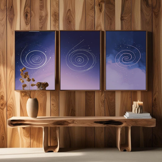 Juego de 3 piezas de arte de pared espiral celestial | Arte imprimible de galaxia púrpura | Decoración cósmica minimalista | Arte de pared espacial abstracto | Conjunto de pósteres modernos para dormitorio | Descarga digital