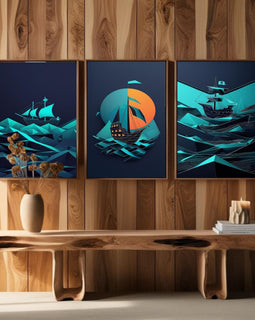 Set de 3 piezas de arte de pared de barco pirata geométrico | Arte náutico moderno imprimible | Decoración abstracta de barco de vela | Arte de pared de aventura oceánica | Decoración costera para el hogar | Descarga digital