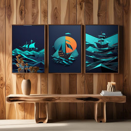 Geometric Pirate Ship Wall Art Set of 3 | Modern Nautical Printable Art | Abstract Sailing Ship Decor | Ocean Adventure Wall Art | Coastal Home Decor | Digital Download