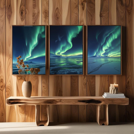 Juego de 3 impresiones artísticas de la aurora boreal, láminas de paisajes de la aurora boreal, decoración nórdica para pared, descarga digital