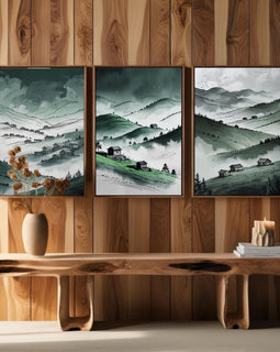 Juego de 3 cuadros de pared Valle de la Montaña Verde | Láminas de paisajes de colinas neblinosas | Decoración rústica campestre | Descarga digital