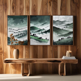 Green Mountain Valley Wall Art Set of 3 | Misty Hills Landscape Prints | Rustic Countryside Decor | Digital Download