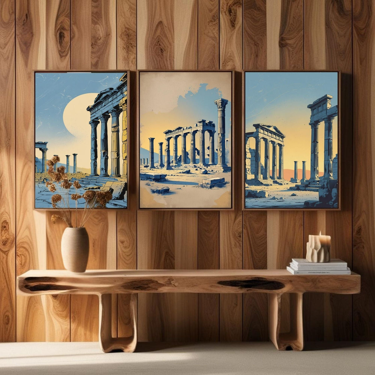 Set de 3 impresiones de arte mural de ruinas griegas antiguas | Láminas de arquitectura clásica | Decoración de templos históricos | Obras de arte antiguas mediterráneas | Descarga digital