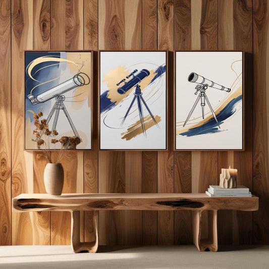 Set de 3 cuadros de telescopios para pared | Láminas de observatorio astronómico | Decoración para amantes del espacio | Ilustraciones científicas | Arte de pared celestial moderno | Descarga digital