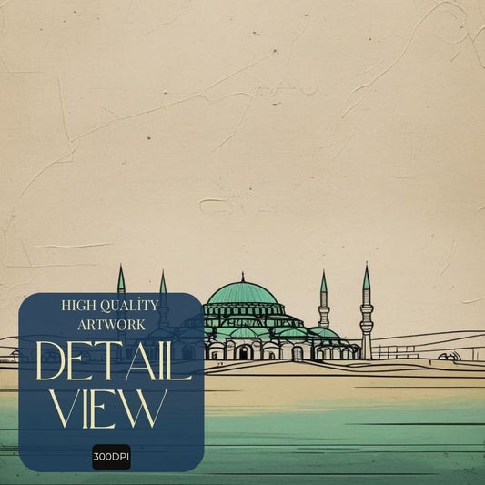 Arte de pared imprimible de la Mezquita Azul, Póster de la Mezquita de Sultan Ahmed, Decoración del horizonte de Estambul, Lámina de arquitectura islámica minimalista, Impresión digital descargable
