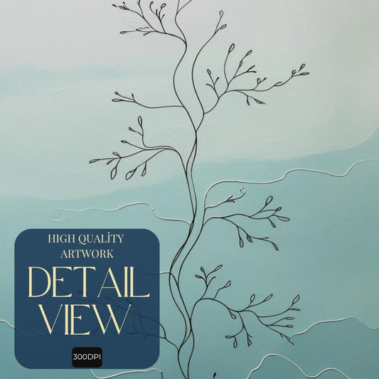 Arte de pared botánico de línea minimalista imprimible, dibujo lineal moderno de plantas, decoración de naturaleza escandinava, póster abstracto azul de descarga digital