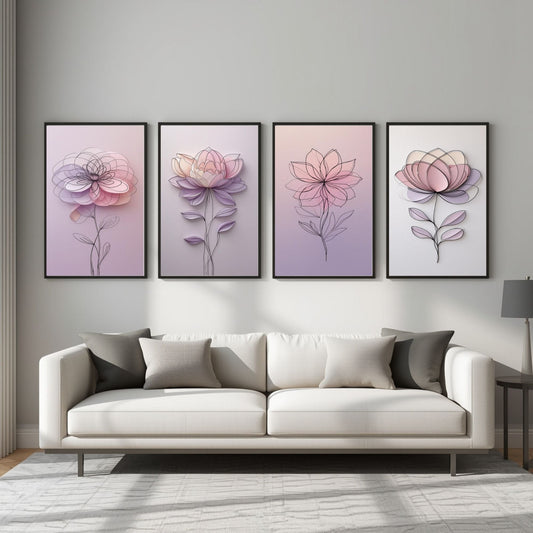 Juego de 4 cuadros de pared florales en tonos pastel | Láminas de flores minimalistas | Decoración botánica elegante | Descarga digital