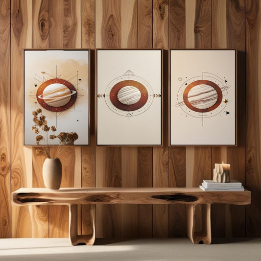 Juego de 3 cuadros minimalistas de planetas | Láminas abstractas de Saturno | Decoración espacial moderna | Obras de arte celestiales geométricas | Descarga digital