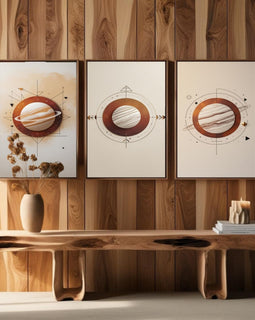 Juego de 3 cuadros minimalistas de planetas | Láminas abstractas de Saturno | Decoración espacial moderna | Obras de arte celestiales geométricas | Descarga digital