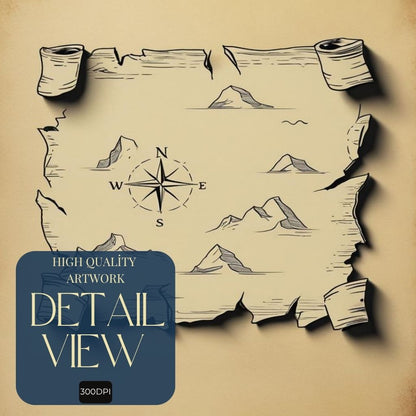 Mapa del tesoro imprimible para pared, impresión de mapa pirata vintage, decoración náutica antigua para el hogar, póster de aventura del viejo mundo, descarga digital