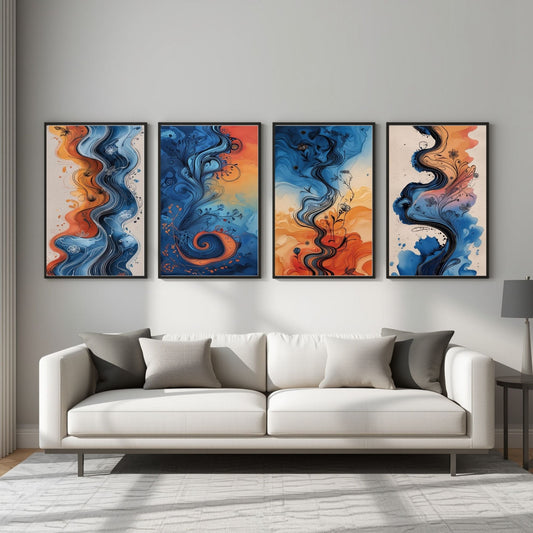 Conjunto de 4 cuadros de pared con fluidos abstractos | Láminas coloridas modernas | Decoración contemporánea para sala de estar | Descarga digital