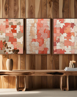Abstract Puzzle Wall Art Set of 3 | Modern Geometric Puzzle Prints | Coral Beige Contemporary Decor | Minimalist Gallery Wall | Digital Download