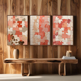 Abstract Puzzle Wall Art Set of 3 | Modern Geometric Puzzle Prints | Coral Beige Contemporary Decor | Minimalist Gallery Wall | Digital Download