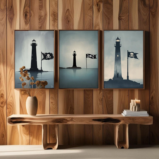Juego de 3 cuadros de pared Faro Pirata | Láminas náuticas costeras | Decoración de aventuras marítimas | Descarga digital