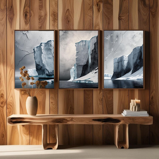 Juego de 3 cuadros de pared de iceberg ártico | Láminas de paisajes glaciares | Decoración costera moderna de la naturaleza | Descarga digital