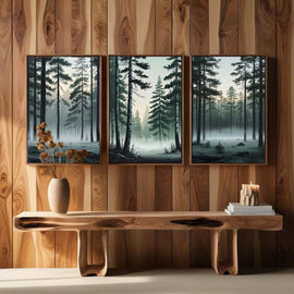Misty Pine Forest Wall Art Set of 3 | Foggy Woodland Prints | Scandinavian Nature Decor | Evergreen Forest Artwork | Digital Download