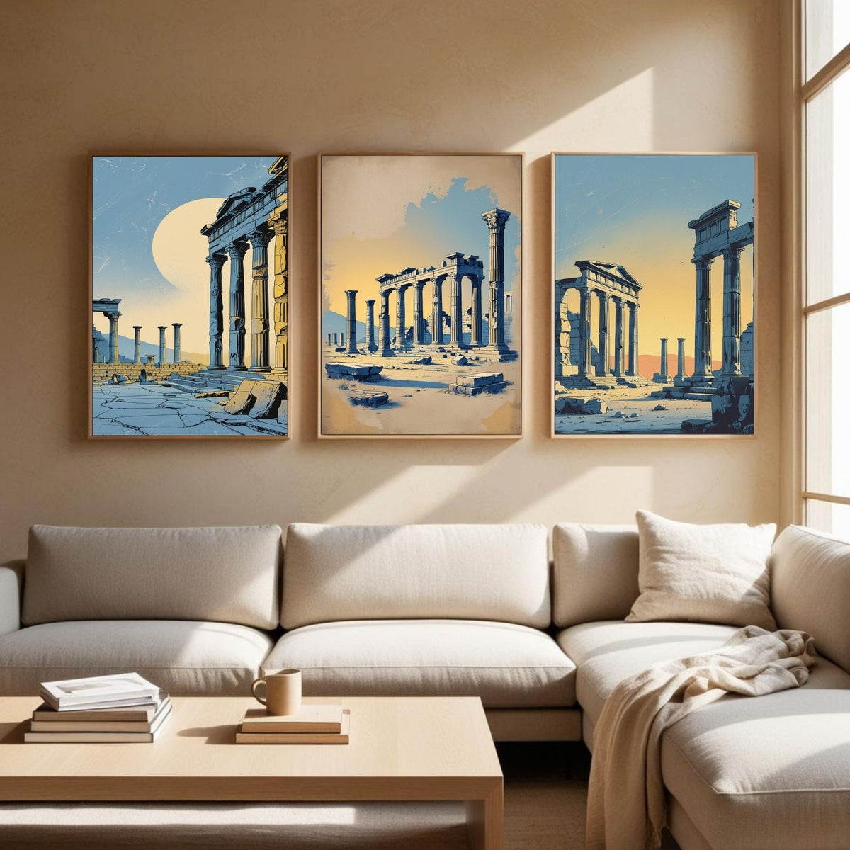 Set de 3 impresiones de arte mural de ruinas griegas antiguas | Láminas de arquitectura clásica | Decoración de templos históricos | Obras de arte antiguas mediterráneas | Descarga digital