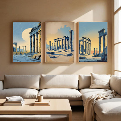 Set de 3 impresiones de arte mural de ruinas griegas antiguas | Láminas de arquitectura clásica | Decoración de templos históricos | Obras de arte antiguas mediterráneas | Descarga digital