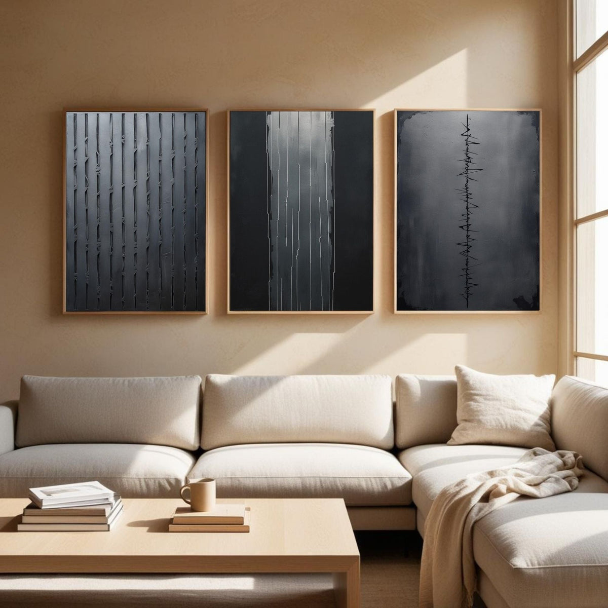 Set de 3 cuadros de arte de pared minimalistas en negro | Láminas abstractas modernas de líneas | Decoración monocromática contemporánea | Descarga digital