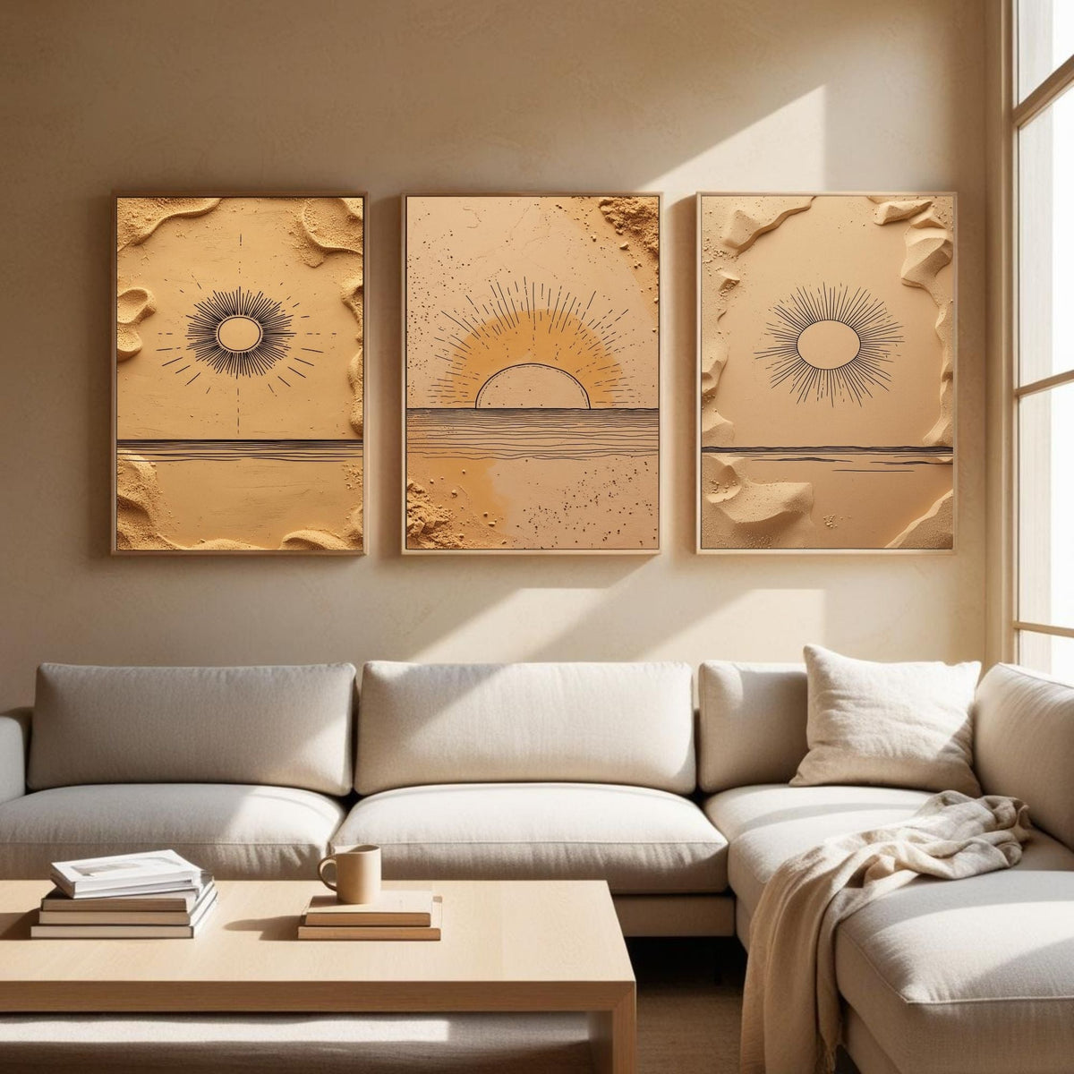 Boho Sun Wall Art Set of 3 | Minimalist Desert Sunrise Prints | Neutral Beige Abstract Decor | Digital Download