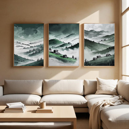 Juego de 3 cuadros de pared Valle de la Montaña Verde | Láminas de paisajes de colinas neblinosas | Decoración rústica campestre | Descarga digital