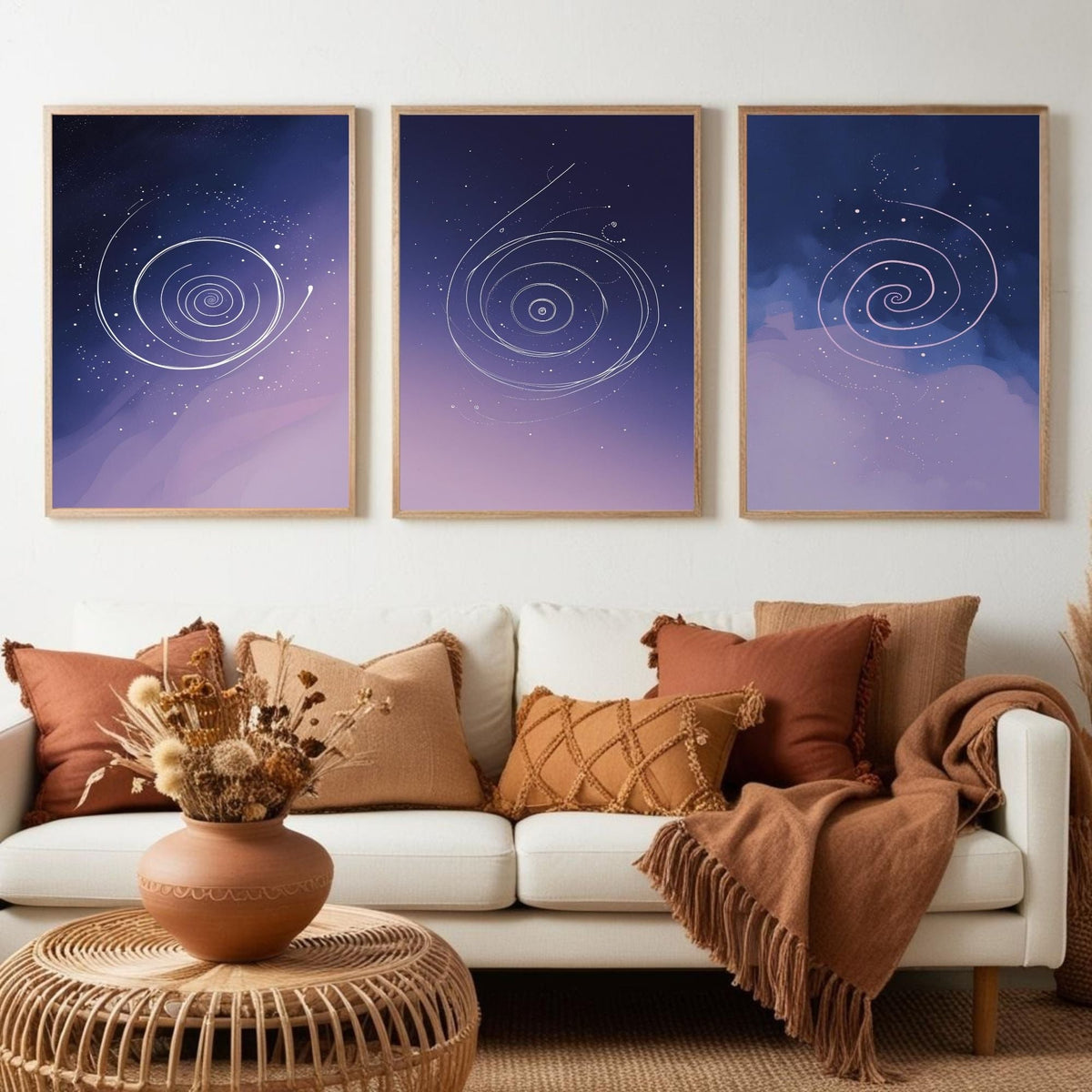Celestial Spiral Wall Art Set of 3 | Purple Galaxy Printable Art | Cosmic Minimalist Decor | Abstract Space Wall Art | Modern Bedroom Poster Set | Digital Download