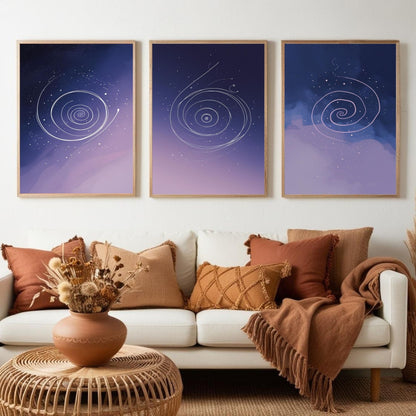 Celestial Spiral Wall Art Set of 3 | Purple Galaxy Printable Art | Cosmic Minimalist Decor | Abstract Space Wall Art | Modern Bedroom Poster Set | Digital Download