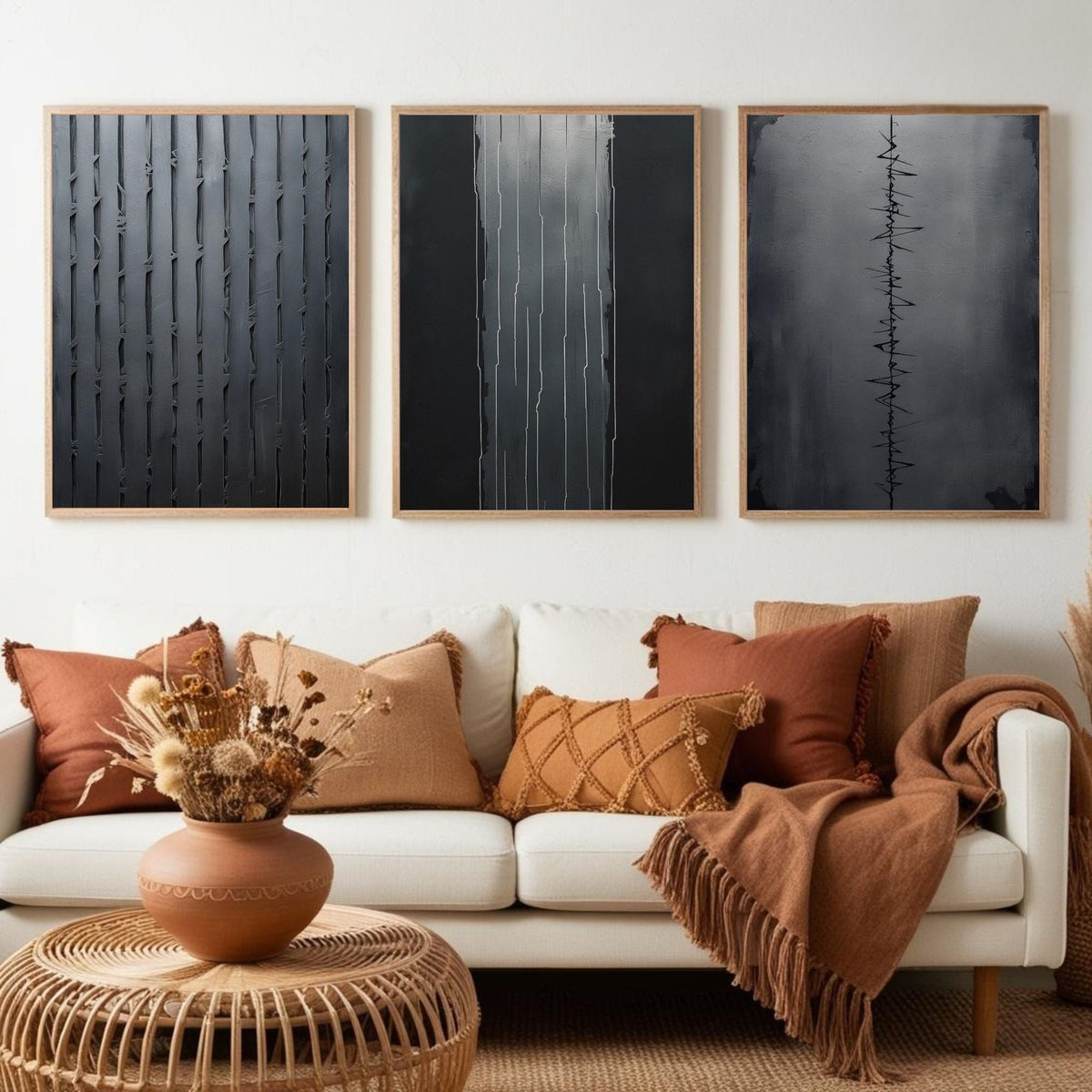 Set de 3 cuadros de arte de pared minimalistas en negro | Láminas abstractas modernas de líneas | Decoración monocromática contemporánea | Descarga digital