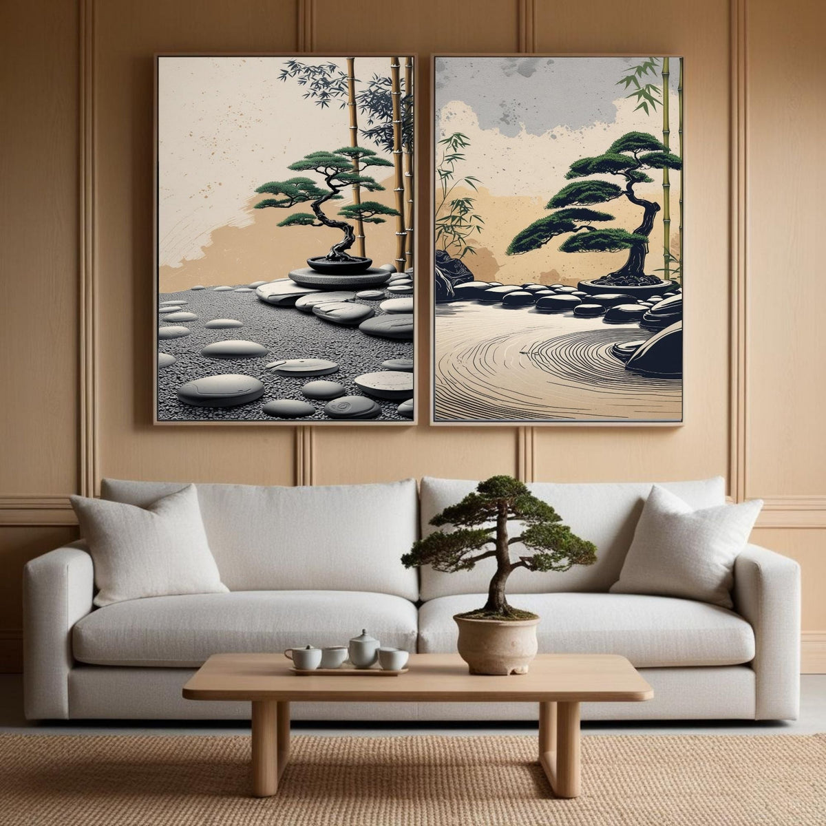 Juego de 2 láminas de arte de pared de jardín zen, impresiones de bonsái japonés, decoración de pared minimalista, descarga digital