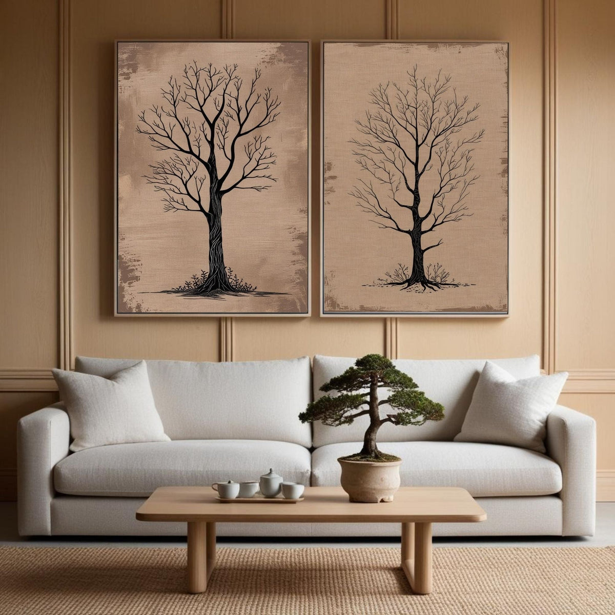 Bare Tree Wall Art Set of 2 Printable, Rustic Botanical Prints, Neutral Nature Decor, Scandinavian Minimalist Artwork