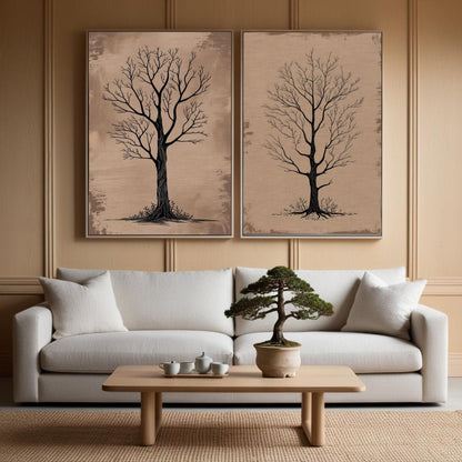 Bare Tree Wall Art Set of 2 Printable, Rustic Botanical Prints, Neutral Nature Decor, Scandinavian Minimalist Artwork