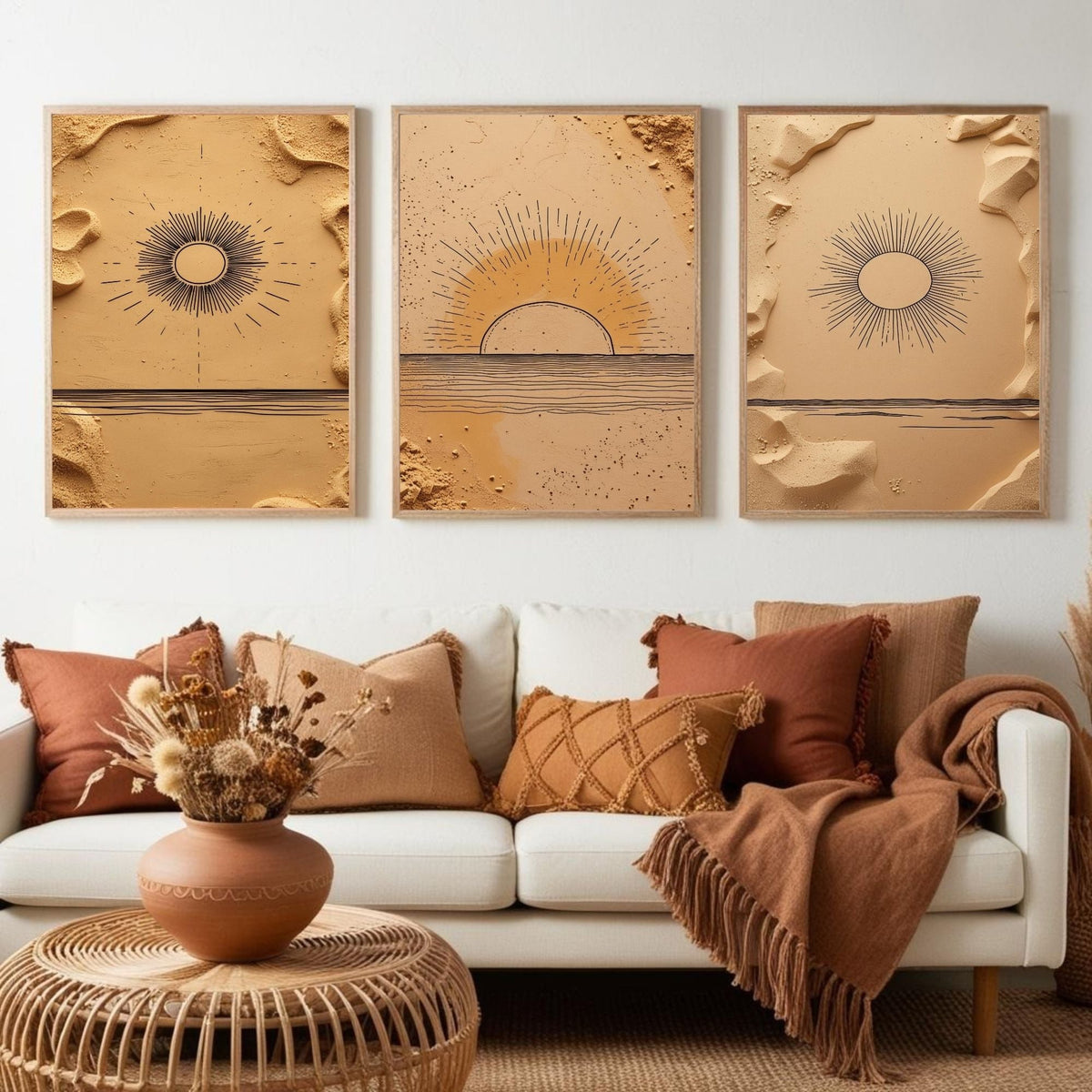 Boho Sun Wall Art Set of 3 | Minimalist Desert Sunrise Prints | Neutral Beige Abstract Decor | Digital Download