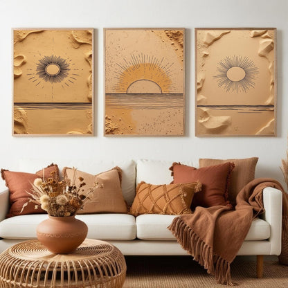 Boho Sun Wall Art Set of 3 | Minimalist Desert Sunrise Prints | Neutral Beige Abstract Decor | Digital Download