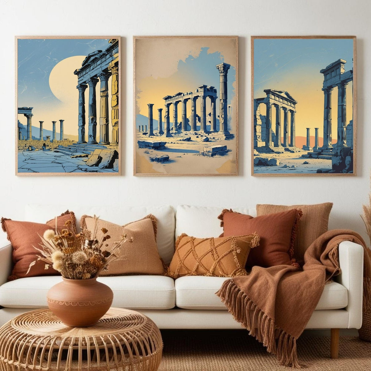 Set de 3 impresiones de arte mural de ruinas griegas antiguas | Láminas de arquitectura clásica | Decoración de templos históricos | Obras de arte antiguas mediterráneas | Descarga digital