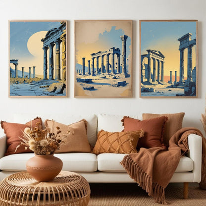 Set de 3 impresiones de arte mural de ruinas griegas antiguas | Láminas de arquitectura clásica | Decoración de templos históricos | Obras de arte antiguas mediterráneas | Descarga digital